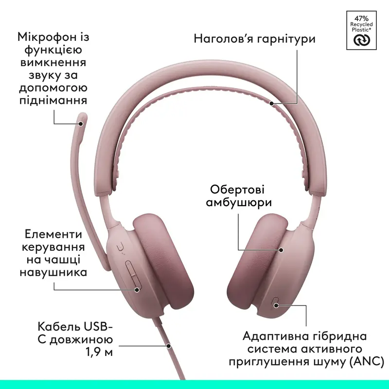 Гарнітура Logitech Zone Wired 2 Headset rose - фото - №5
