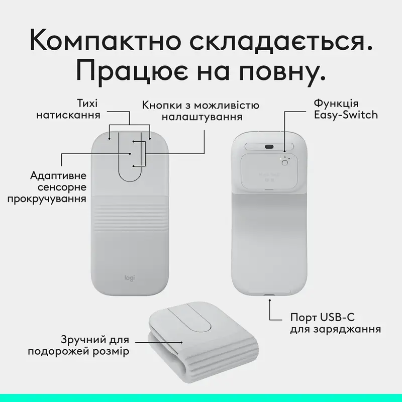 Миша ігрова Logitech Mobi Fold White - фото - №2